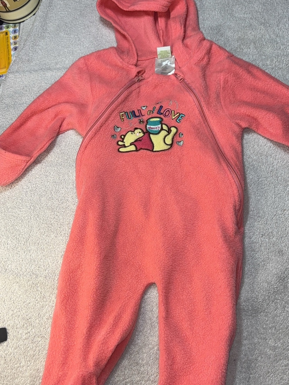 Baby/ Toddler Coral Hooded One-Piece Fleece Romper -Full of Love Winnie the pooh